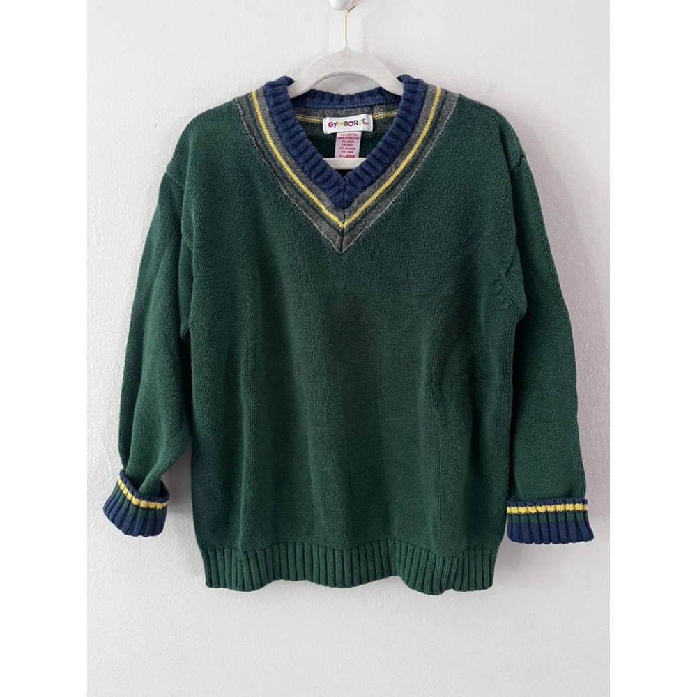 Gymboree Vintage Cotton V-Neck Sweater Green Preppy Classic Boys size XL